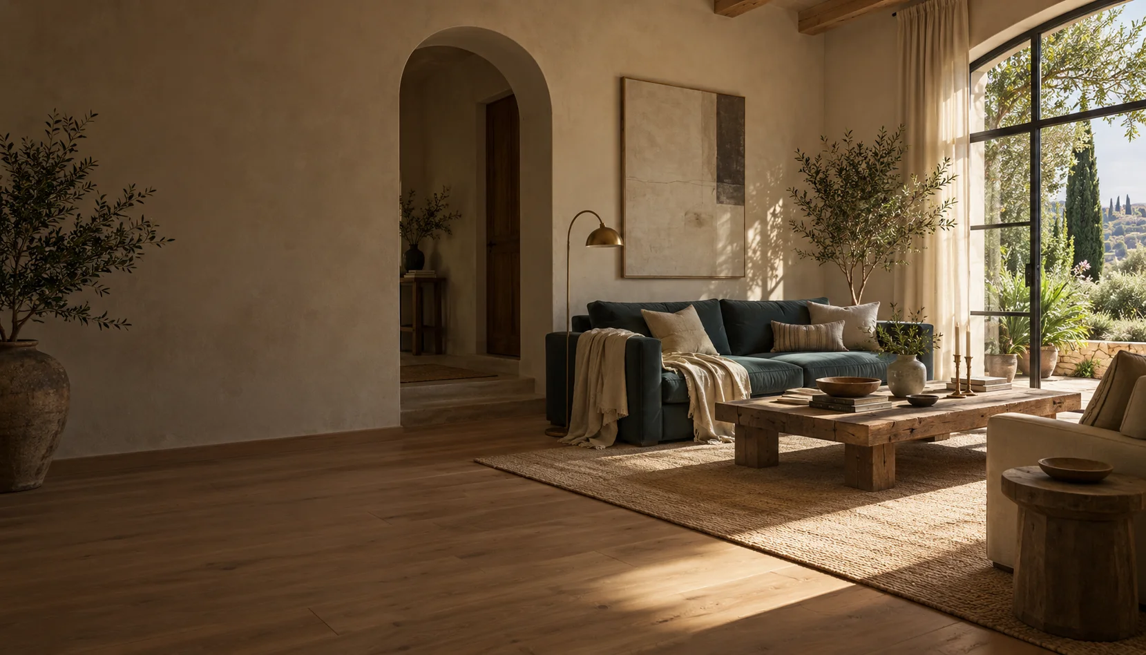 Salón con luz natural, materiales cálidos y vistas al jardín